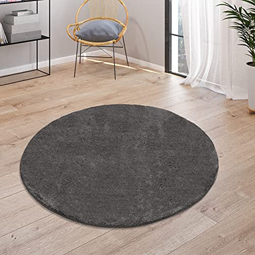 Paco Home Teppich Wohnzimmer Kurzflor Weich rutschfest Modern Einfarbiges Muster grau Anthrazit, Grösse:Ø 120 cm Rund