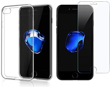 NOVAGO Compatible avec iPhone 8 Plus/iPhone 7 Plus (5,5) - Pack Protection - Coque Arrière Transparente en Silicone TPU + 1 Film de Protection écran en Verre Trempé 0.26mm (Compatible Coque)