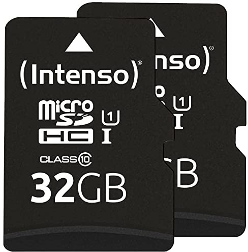 Intenso Tarjeta de Memoria microSDHC de Clase 10 UHS-I, 2 x 32 GB, Incluye Adaptador SD (hasta 90 MB/s), Color Negro