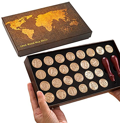 Holzsammlung Vintage Retro Siegelstempel Set, 26 Buchstaben, Alphabet A-Z Abnehmbarer Wachs Stempel Messing Köpfe + 2 Holzgriff für Einladungen Weinverpackungen Geschenkverpackungen Grußkarten