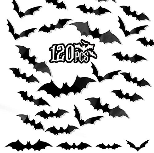 Runmeihe Pegatinas Halloween, 120 PCS 3D Murciélago Pegatinas Pared Decorativas, Murciélago Aterrador Realista de 4 tamaños, para Ventanas, Pared, Puerta de casa, Decoracion Halloween