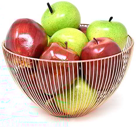 joeji's Kitchen Fruit Bowl 25 x 25 cm Large - Anti-Scratch Non-Slip - Open Metal Wire Fruit and Vegetable Basket to Help Ripen Properly & Keep Them Fresh for Longer (Rose Gold)