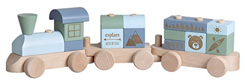 Kekskrone Holzzug mit Gravur - Adventure Serie, Blau - Spielzug als Geschenk zur Geburt & Taufe