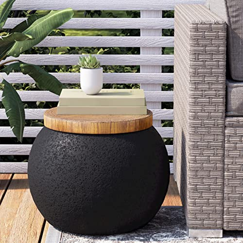 COSIEST Outdoor Side Table,Black Drum Outdoor End Tables,17 Concrete Patio Side Table for Outside Faux-Wood Top Accent Side Table Stool for Livingroom,Bedroom,Garden