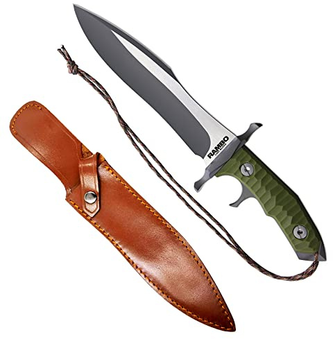 Swords and more Rambo - Last Blood Heartstopper Bowiemesser Standard Edition, Bowiemesser mit Scheide aus Büffelleder 38,1cm, offiziell lizenziertes Rambomesser für Filmfans & ein Rambo Kostüm