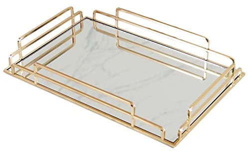 RUIXFLR Plateau De Rangement Miroir en Verre Rectangle, Plateaux De Service avec Poignée en Métal Doré, Plateau Organisateur Orné pour Table Basse Décor à La Maison
