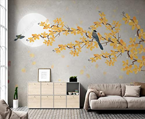 QEETapete Papier Peint Panoramique Oiseau Fleur Jaune Papier Peint Nature Intissé Murale Chambre Salon