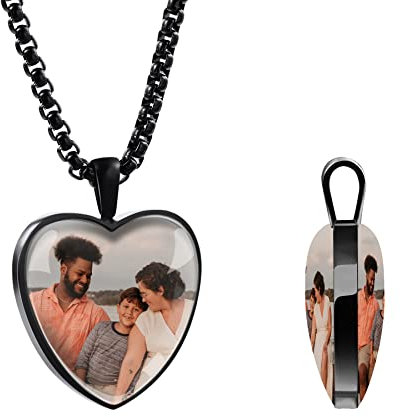 MeMeDIY Personalisierte Foto-Anhänger-Halskette Benutzerdefiniertes Bild-Text-Erinnerungs-Halskette Personalisiertes Geschenk für Frauen Männer (Schwarz & Zwei Fotos)