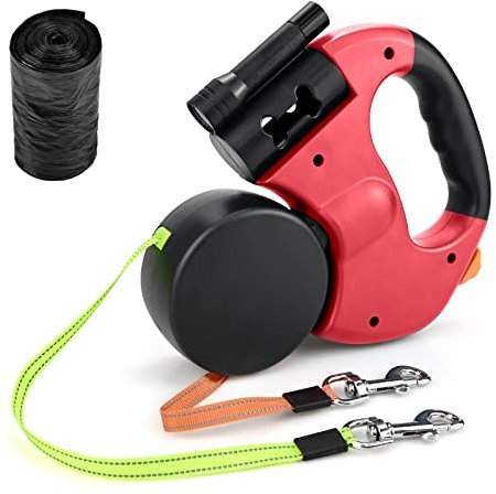 Guinzaglio doppio retrattile, rinforzato, allungabile, con manico antiscivolo, con luce a LED e scatola della spazzatura, per camminare con 2 cani, fascia in nylon resistente anti-groviglio a 360°,