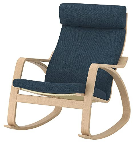 IKEA POÄNG Schaukelstuhl, Eichenfurnier weiß gebeizt/Hillared Dunkelblau