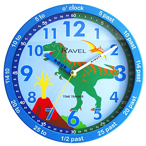 Ravel R.KC.11 Wanduhr für Kinder, 25 cm, analoger Quarz, blauer Dinosaurier/blaues Zifferblatt