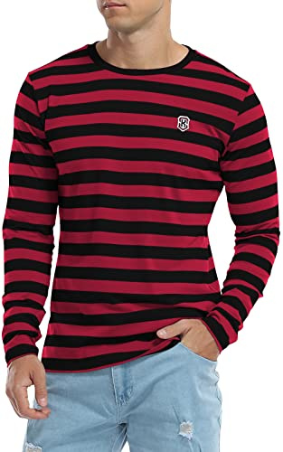 KUYIGO Mens Long Sleeve Striped T Shirt Cotton Classic Crew Neck Young Fashion Tops