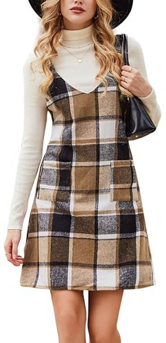 CUPSHE Damen Latzrock V Ausschnitt Hosenträger Taschen Karomuster A Linie Latzkleid Overallkleid Freizeitkleider Plaid Mini Dress Khaki Karo S