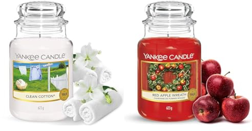 Yankee Candle Duftkerze im Glas (groß) – Clean Cotton & Duftkerze im großen Jar, Red Apple Wreath, Brenndauer bis zu 150 Stunden