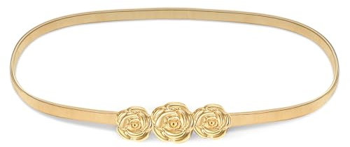 Heveer Damen Metall Dünner Gürtel Stretchgürtel Mode Slim Taillen Gürtel Stretchgürtel für Kleider Gold (Rose Schnalle)