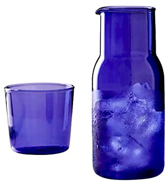 TITA-DONG Wasserkaraffe mit Glasbecher für Nachttisch, Nebenkaraffe, Nachttisch-Wasserkaraffe, Klarglas-Saftwasserkrug, Glas-Mundwasserflaschenbehälter-Dekanter für Schlafzimmer und Wohnzimmer(Blau)