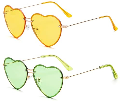 PARTY GO Herzform Sonnenbrille Frauen Mode randlose Sonnenbrille UV400 Partybrille, Grün & Gelb, Medium