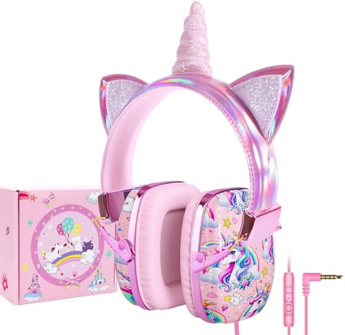 JYPS Auriculares de Diadema para Niños, Auriculares Infantiles Ninas con Cable, Límite de Volumen, Almohadillas Suaves para Los Oídos, Niños Cascos con Cable, Cascos Musica, con Micrófono (Unicornio)