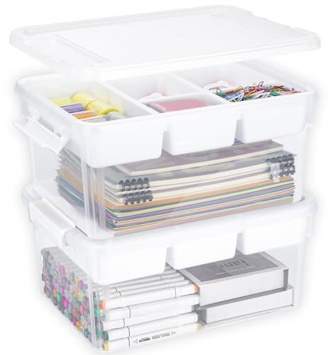 Creahaus 2Pack 16L Organizers and Storage Box with Removable Tray, Durable Plastic Containers with Lids and Latching Buckles, Stackable Art & Craft Box for Art, Playdoh, Tool, Craft, Toy (WHITE)