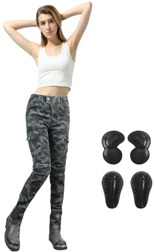 HULG Pantalon De Moto Pour Femmes Avec équipement De Protection, Pantalon De Moto Camouflage, Pantalon De Moto Extensible XXS-M (Camouflage-blue,XXS)