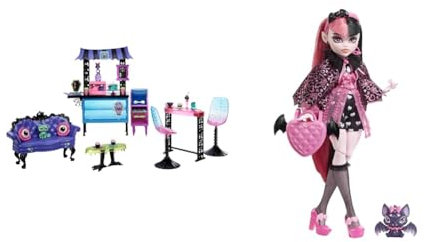 Monster High Café Schwarze Seele Spielset -gruselige Möbel & Draculaura Puppe - Vamp-tastische Mode, Umhang, Accessoires, Haustierfledermaus, für Kinder ab 6 Jahren, HHK51