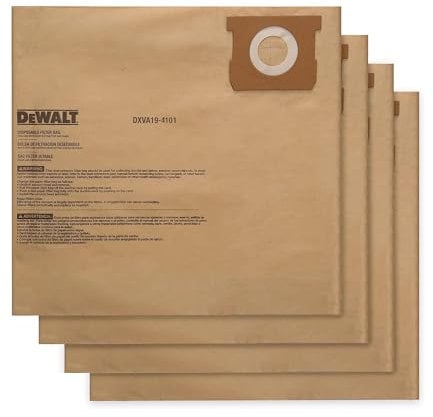 DEWALT Shop Staubsaugerbeutel DXVA19-4101, hocheffiziente Ersatzbeutel für Nass-/Trockensauger, kompatibel mit DXV06P DXV09P DXV09PA DXV10P DXV10PL DXV10S DXV10SA DXV10SB, 4 Stück