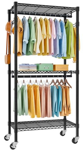 Solerconm Portant à vêtements solide avec étagères de rangement, penderie pour chambre avec tringle double, roulettes verrouillables et crochets latéraux, portique pour vêtements robuste et pratique