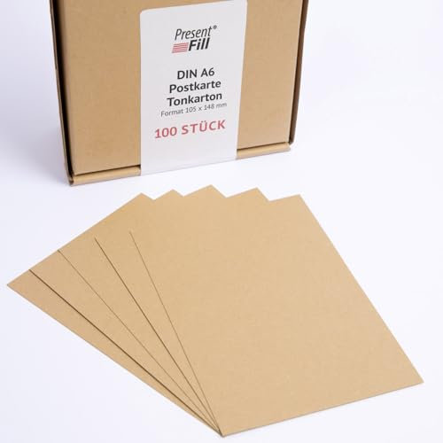 PresentFill® - blanko Postkarten Tonkarton NaturBraun, Papier-Karten Set 100 Stück 210 g/m² -DIN A6-105 x 148 mm zum Selbstgestalten, beschriften oder bedrucken als Bastelkarton, Karteikarten