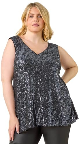 Roman Curve Women Plain V-Neck Vest Top - Ladies Spring Everyday Summer Evening Vacation Work Holiday Sleeveless Smart Casual - Pewter Plus - Size 22