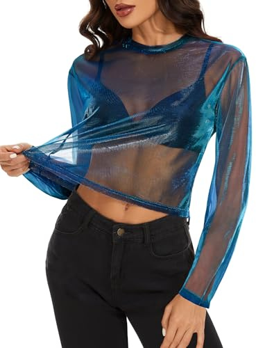 Women's Mesh Tops See Through Shirts Long Sleeve Bodycon Sheer Blouse Clubwear
