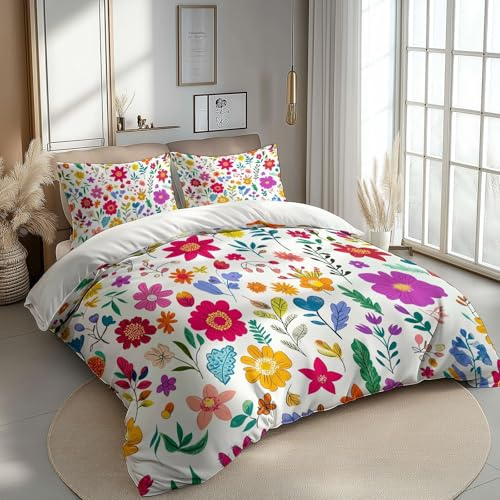 Bettwäsche 240 X 220 Cm Microfaser Farbe: Weiß Superweiche Schlafkomfort Blumen Muster Bunt Bettbezug Mit Reißverschluss + 2 Kissenbezug 80X80 Cm Weich Atmungsaktiv Geeignet Für Alle Jahreszeiten