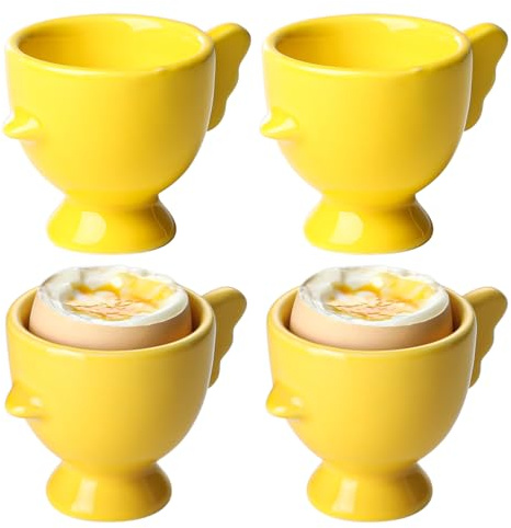 Cute Chick Eierbecher 4er Set Porzellan Halter Frühstück gekocht, Lustiger Ständer Halter für Weich Gekochte Eier, Frühstück Küche Kochen, Gelbe Porzellan Eierablage (4, Gelb)
