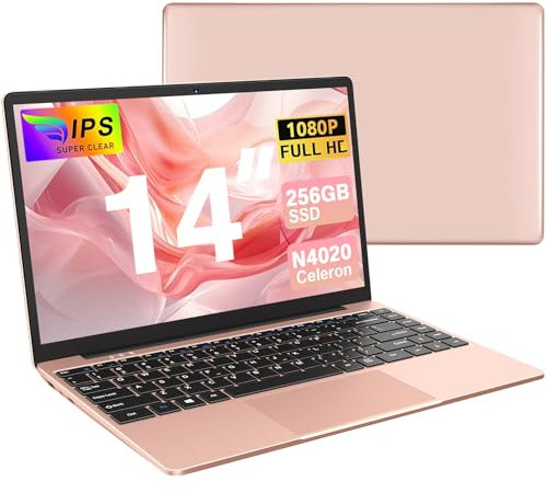 bvate Ordinateur Portable 14 Laptop 256 Go Win 11 N4020 Support Expansion 1 to SSD 1080P 2.4G+5G WiFi Mini HDMI inclut Souris sans Fil & Membrane de Clavier AZERTY- Gold-w