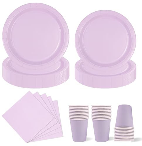 96 Stück Lila Partygeschirr Set,Party Pappteller Becher Servietten Partyteller Partyset Süße Party für Feste und Feiern wie Geburtstag