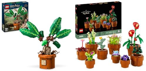 LEGO Harry Potter Mandragora Pflanze Spielzeugfigur und Topf + LEGO Botanicals Kleine Pflanzen - 9 Topfpflanzen Set 76433 + 10329