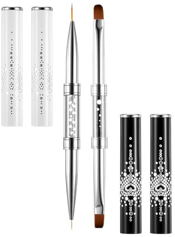 Wanmu 2pcs Hard Gel Nail Brush Dual-Ended Builder Gel Brushes, French Tip Nails Liner Brush, Rhinestone Handle Manicure Brushes for Home Salon Diy, Nail Art Design
