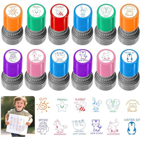12 Stück Selbstfärbende Lehrer Stempel, Lob Ermutigung Kinder, Bewertung Belohnung Motivation Lehrerstempel, Bunte Cartoon Lob Stempel Ermutigung, für Kinder, Bildung, Lehrer