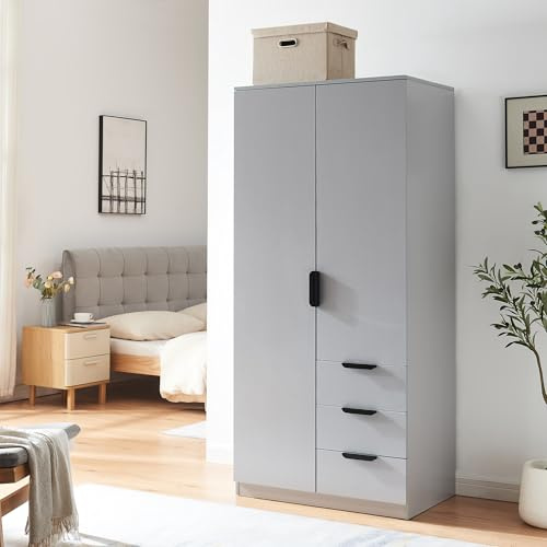 [en.casa] Armario Dormitorio Eiselfing Armario Ropero Clóset con 2 Puertas 1 Perchero 4 Compartimentos 3 Cajones para Dormitorio Vestidor MDF 176 x 80 x 52 cm - Blanco