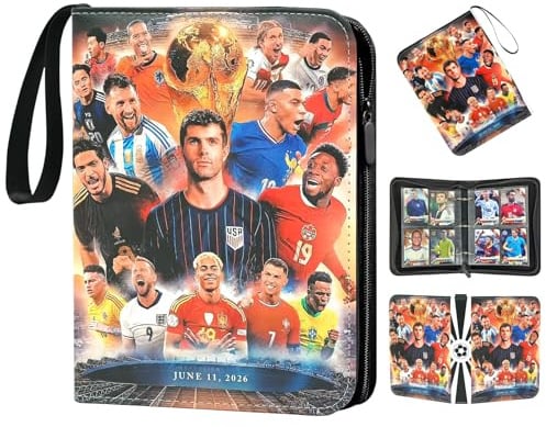 Oirigaga Coppa del Mondo 2026 - Album da collezione con 4 tasche, 50 custodie per 400 carte, carte da calcio, album da collezione, con chiusura lampo, maniglia per il trasporto, impermeabile