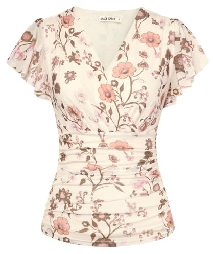 GRACE KARIN Women's Blouses Floral Boho Tops Short Ruffle Sleeve Wrap Tunic Blouse Spring Summer Going Out Tops
