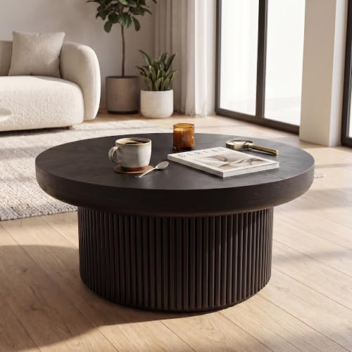 FammyLoft Couchtisch mit Parquet Pattern Top, Modern Round CoffeeTable,78cm | Fluted Design,Kid & Pet Friendly