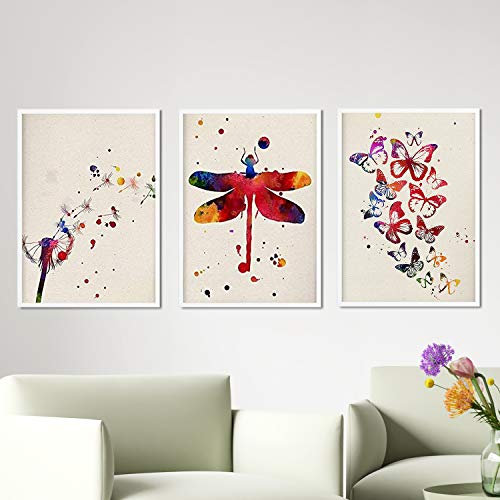Nacnic - Set 3 Láminas Decorativas Naturaleza y Mariposas Estilo Acuarela | Posters Libélula, Diente de León y Mariposas para Decoración del Hogar | Tamaño 24x30