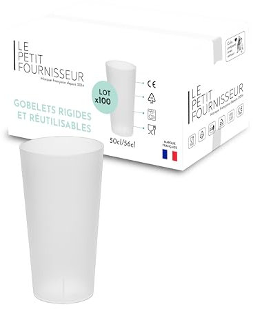 LPF LE PETIT FOURNISSEUR - Lot de 100 Gobelets réutilisables 50cl (56cl à ras-bord) - Polypropylène plastique alimentaire rigide - Gobelets à eau, bière - Compatible lave-vaisselle - Couleur Givré