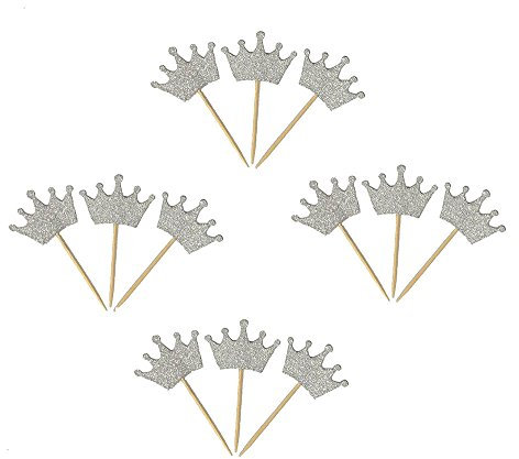 Glitter Crown Cupcake Toppers Silver Party Cupcake Decorations for Birthday | Wedding | Engagement | Anniversary Memorial Day | Baby & Expecting Party Dessert Decorations Topper, Pack of 50