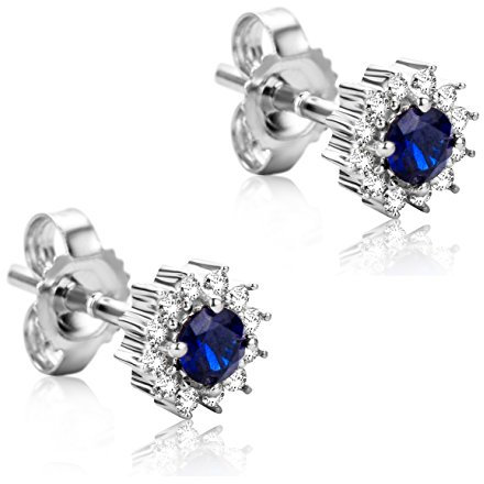 Orovi Schmuck Damen Blume Halo Cluster Ohrringe Gold mit Edelstein/Geburtsstein Saphir in Blau besetzt mit natürlichen Diamanten Brillanten klassische Ohrstecker aus Weißgold 9 Karat / 375 Gold