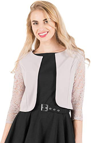 BlackButterfly Gekürzte 3/4 Spitze-Hülsen öffnen Bolero Abendjacke Bluse (Silber, XXL)