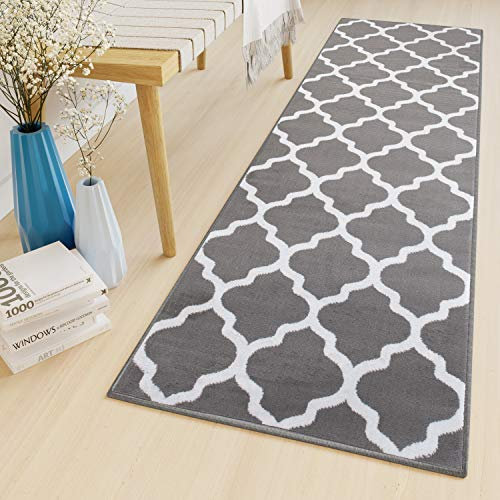 TAPISO Luxury Läufer Teppich Flur Korridor Kurzflor Brücke Modern Grau Weiss Geometrisch Marokkanisch Gitter Muster ÖKOTEX 70 x 200 cm