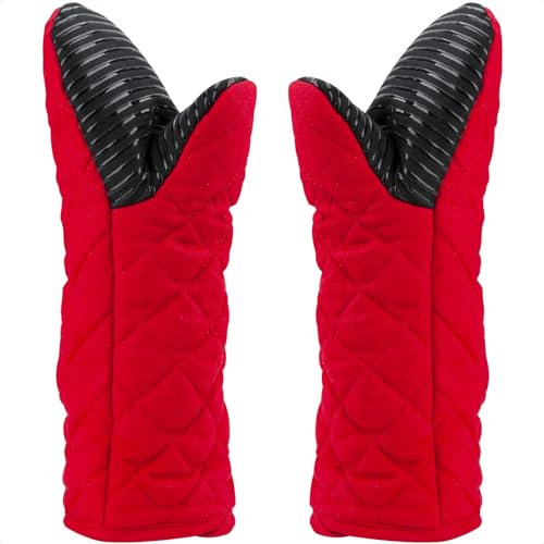 AYADA Ofenhandschuhe Silikon Lang, Topfhandschuhe Backhandschuhe Backofenhandschuhe Küchenhandschuhe Kochhandschuhe Polyesterwatte rutschfeste für Kochen Grillen Backen Männer Frauen (Rot)