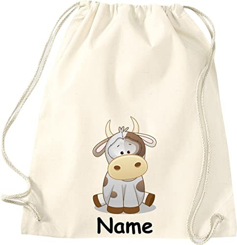 Shirtinstyle Gym Sack Kinder Turnbeutel Tiere Kuh mit Wunschnamen, Beutel Tasche Hort Kita, Farbe Natur
