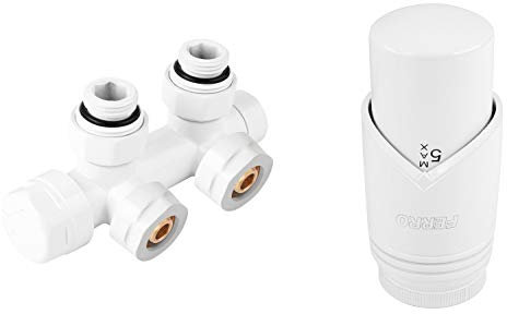 BFG Thermostat-Set, für Heizkörper | Thermostatkopf GT33 M30 x 1,5 | Zweirohr Heizkörperventil Eckform | Heizkörpernippel 3/4” x 1/2”, Rohrnippel 15 mm und 16x2 mm